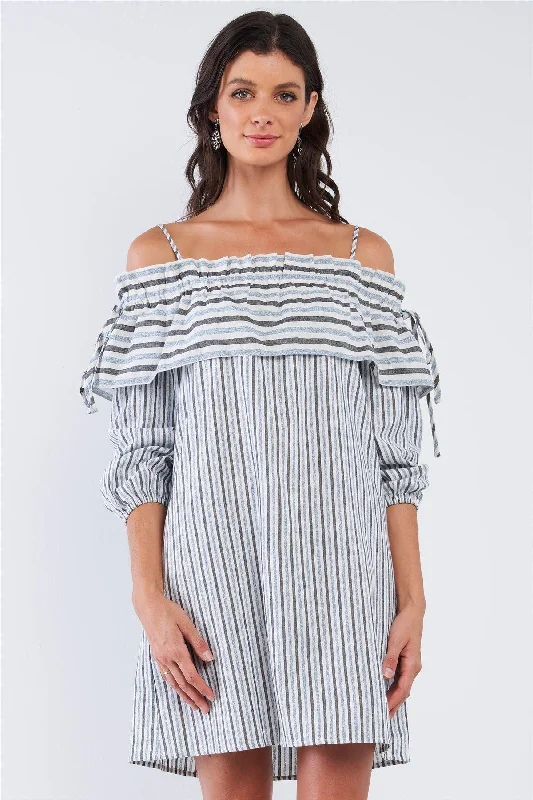 Mini Dresses with cute puff details-Blue&Black Loose Fit Striped Off-The-Shoulder Long Sleeve Ruffle Hem Mini Dress