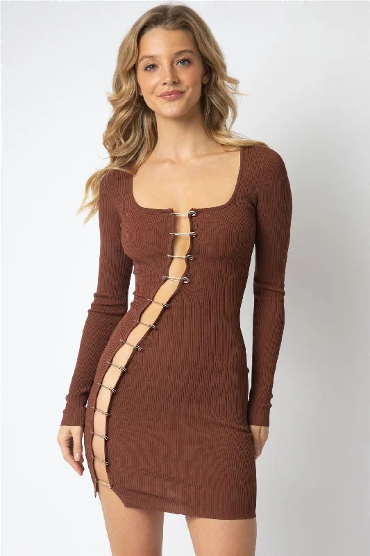 Mini Dresses for trendy styles-Cocoa Knit Cut-Out Large Pin Detail Mini Dress