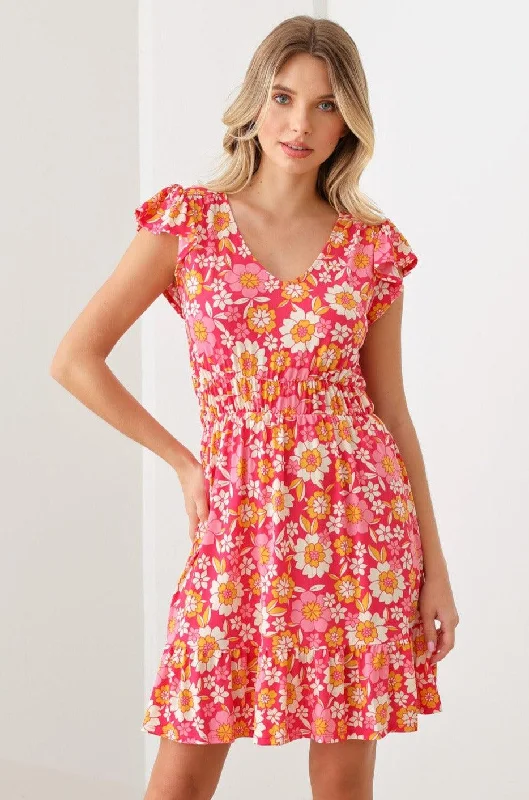 Mini Dresses for dinner with friends-Floral Print Ruffle Cap Sleeves Babydoll Mini Dress