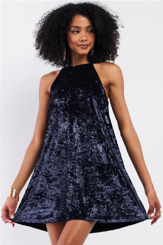 Mini Dresses with flowy details-Dusty Blue Velvet Square Halter Neck Mini Dress