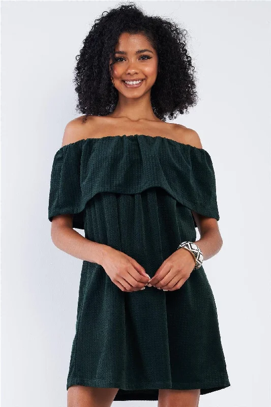 Mini Dresses for every summer event-Forest Green Velvet Hounds Tooth Print Off The Shoulder Mini Dress