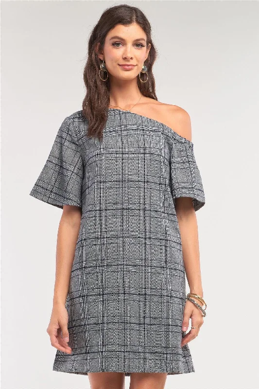 Mini Dresses for easy-to-wear elegance-Grey Checkered One-Shoulder Relaxed Fit Mini Dress