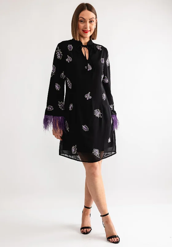 Mini Dresses with frilled sleeves-Hope and Ivy Christy Embellished Feather Trim Mini Dress, Black