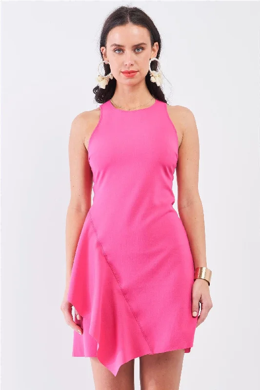 Mini Dresses with stunning necklines-Hot-Pink Sleeveless Round Neck Fitted Asymmetrical Mini Dress