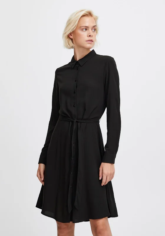 Mini Dresses for a relaxed evening-Ichi Main Belted Waist Mini Shirt Dress, Black