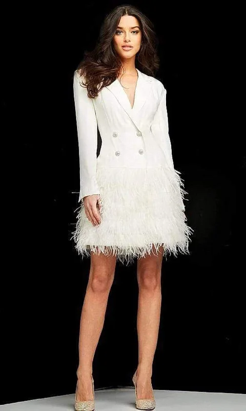 Mini Dresses for an understated look-Jovani - M1262 Feather Embellished Mini Suit Dress