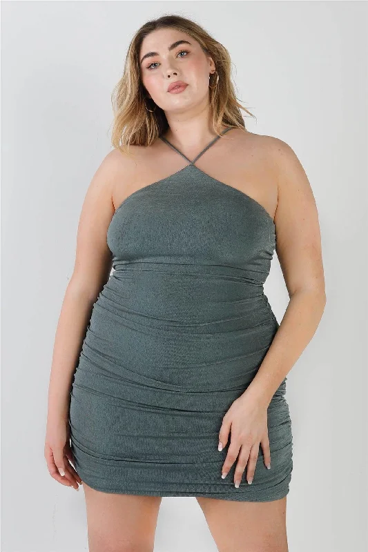 Mini Dresses for a romantic evening out-Plus Size Sage Ruched Back Lace Down Mini Dress /2-2-2