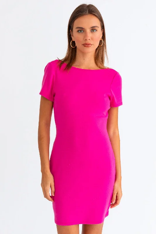 Mini Dresses for your summer wardrobe-Hot Pink Short Sleeve Low Back Mini Dress