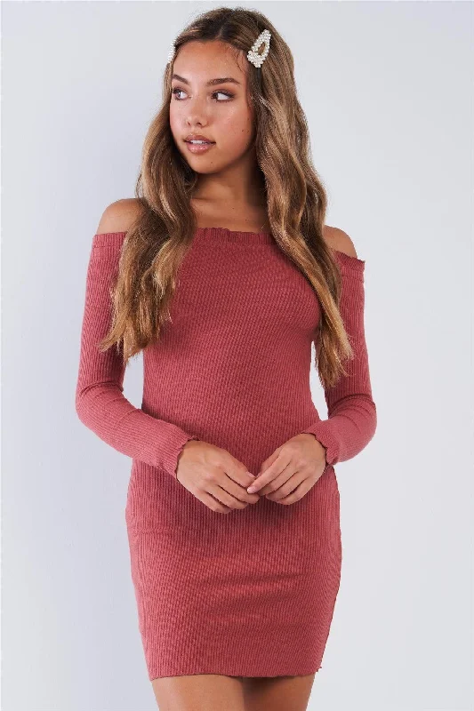 Mini Dresses for a comfortable fit-Ribbed Long Sleeve Mini Length Off The Shoulder Dress