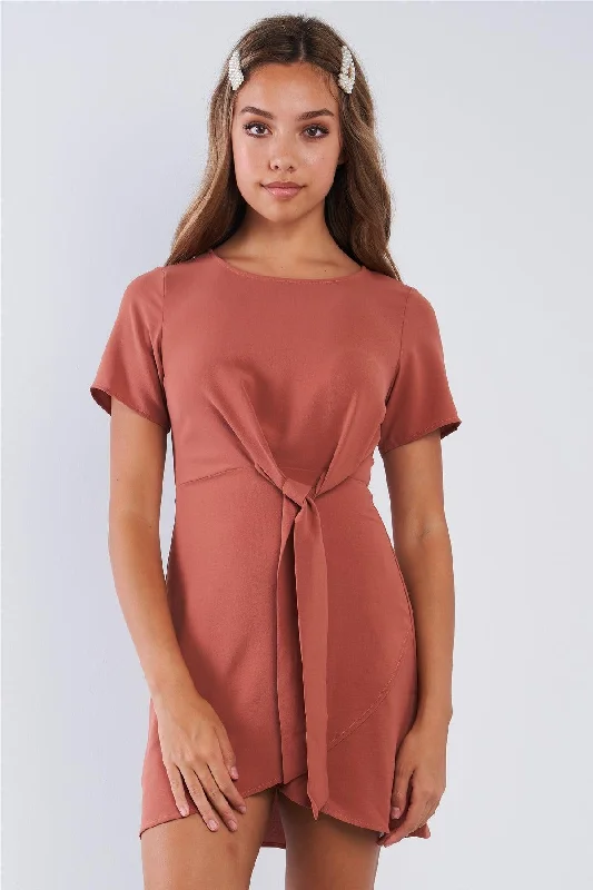 Mini Dresses for the ultimate fun party-Short Sleeve Knotted Crew Neck Chic Mini Dress