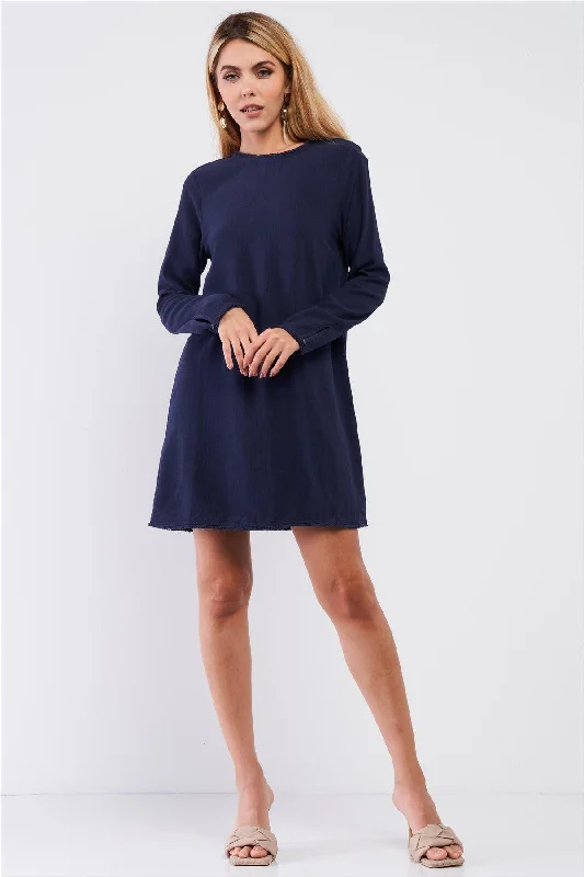 Mini Dresses for a cozy dinner look-Plain Eco Navy Blue Linen Shredded Hem Detail Round Neck Relaxed Fit Long Sleeve Mini Dress