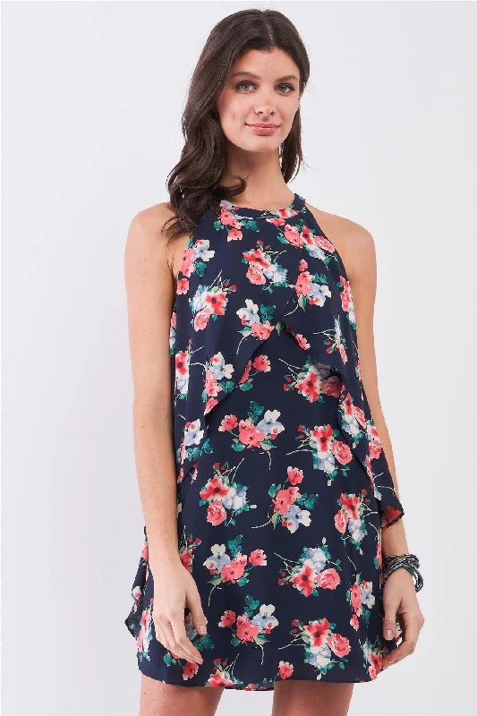 Mini Dresses with a fitted bodice-Navy Multi Floral Print Sleeveless High Neck Layered Front Detail Flounce Mini Dress