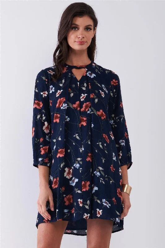 Mini Dresses with delicate frills-Navy Multicolor Floral Print Long Sleeve Pleated Front V-Neck Loose Mini Dress