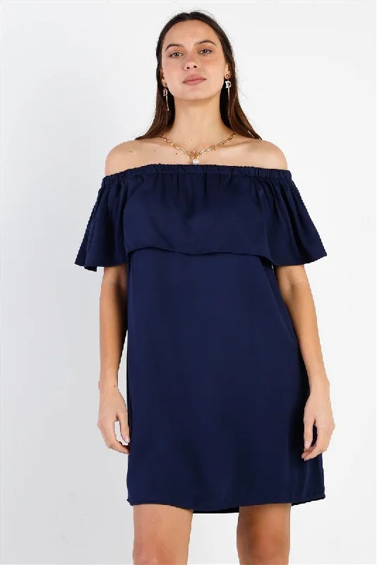 Mini Dresses for modern and casual style-Off-The-Shoulder Neckline Ruffle Overlay Mini Dress