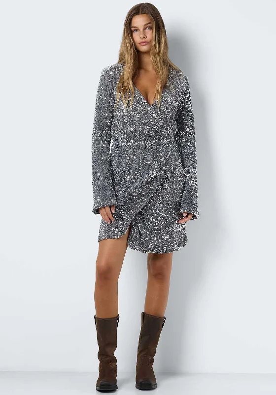 Mini Dresses for summer weddings-Noisy May Mia Sequin Wrap Mini Dress, Silver