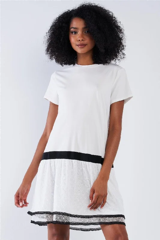 Mini Dresses with flowing skirts-Off-White Black Detail Loose Shapeless Lined Double Mesh Bottom Layer Crew Neck Mini Sleeve T-Shirt Mini Dress