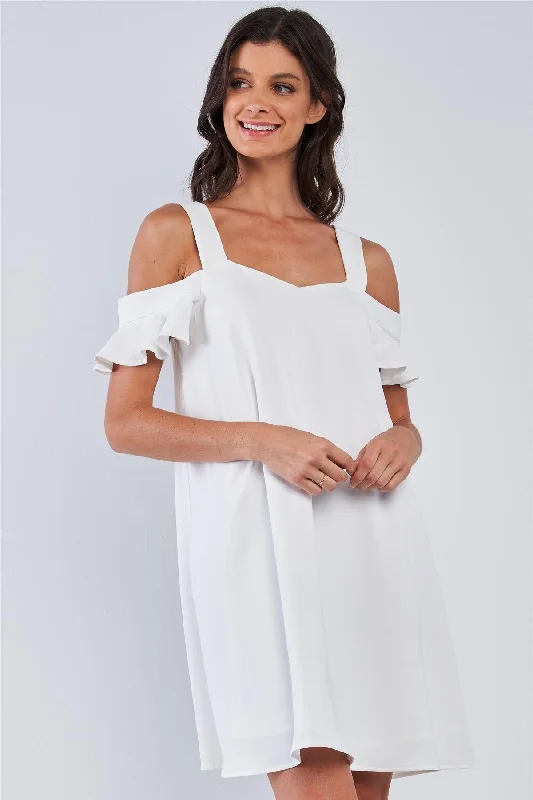 Mini Dresses with a tailored design-Off-White Relaxed Fit V-Neck Ruffle Sleeve Mini Dress