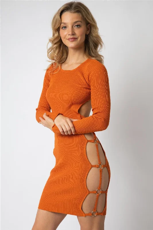 Mini Dresses for casual outings-Orange Knit Gold Accent Ring Open Back Mini Dress