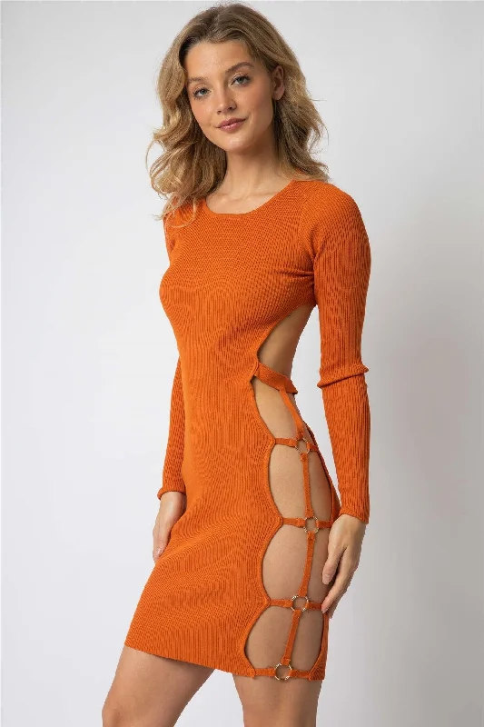 Mini Dresses for your perfect summer wardrobe-Orange Knit Side Cut-Out Open Back Mini Dress