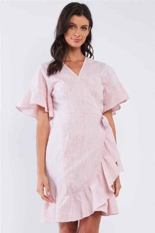 Mini Dresses with charming lace patterns-Pastel Pink Deep Plunge V-Neck Ruffle Hem Self-Tie Waist Wrap Mini Dress