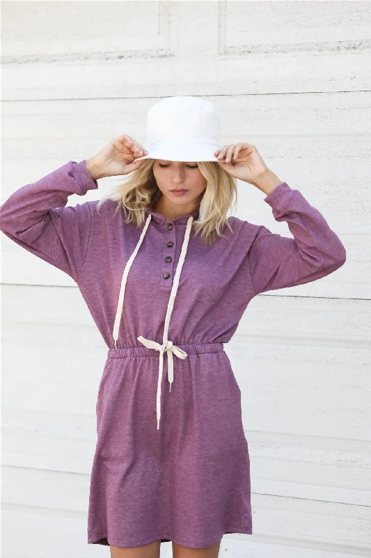 Mini Dresses with eye-catching patterns-Plum Button Up Detail Hooded Long Sleeve Mini Dress /2-2-2