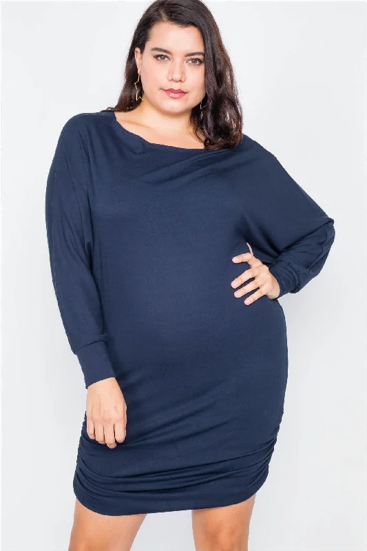 Mini Dresses for a cute Sunday brunch-Plus Size Navy Batwing Basic Mini Dress