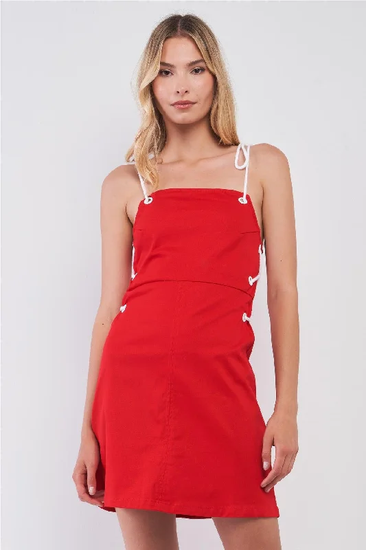 Mini Dresses for a stylish getaway-Red & White Lace-Up Straps Sleeveless Square Neck Fitted Mini Dress