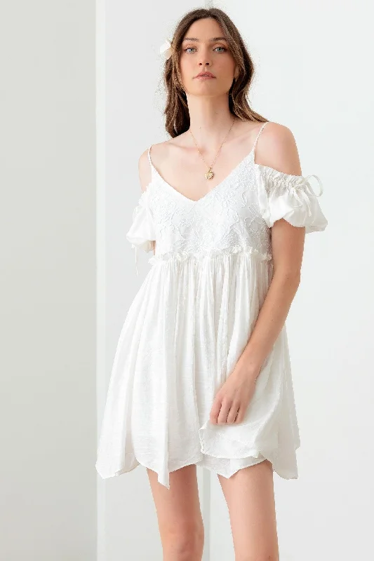 Mini Dresses for weekend parties-Embroidered Floral Shirred Cold Shoulder Mini Dress