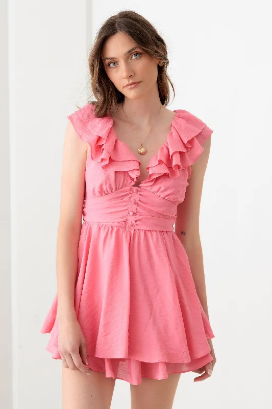 Mini Dresses for the perfect night out-Doll Pink Ruffle Detail Front Button Romper Mini Dress