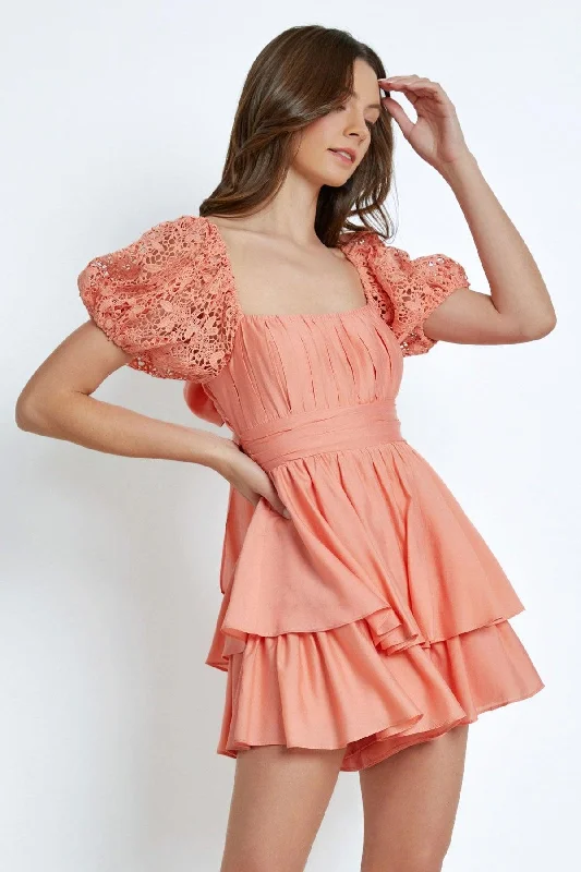 Mini Dresses for a breezy evening-Lace Sleeve Back Tie Ruffle Tiered Mini Romper Dress