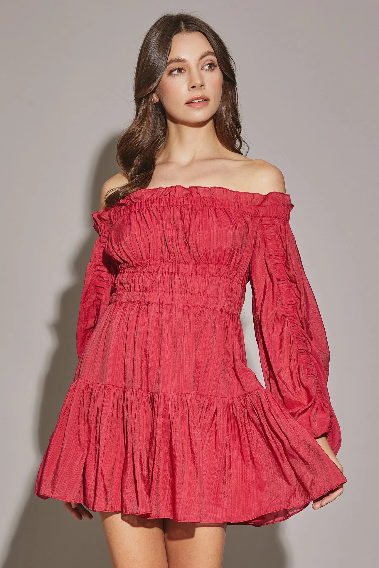 Mini Dresses for fall celebrations-Off The Shoulder Shirred Tiered Hem Mini Dress