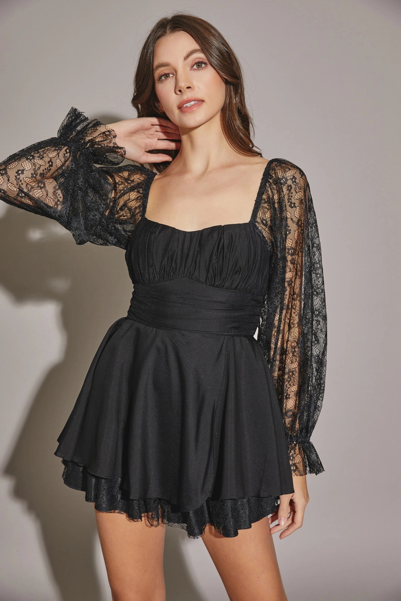 Mini Dresses for a sophisticated weekend-Lace Long Sleeve Flare Layered Silhouette Mini Dress