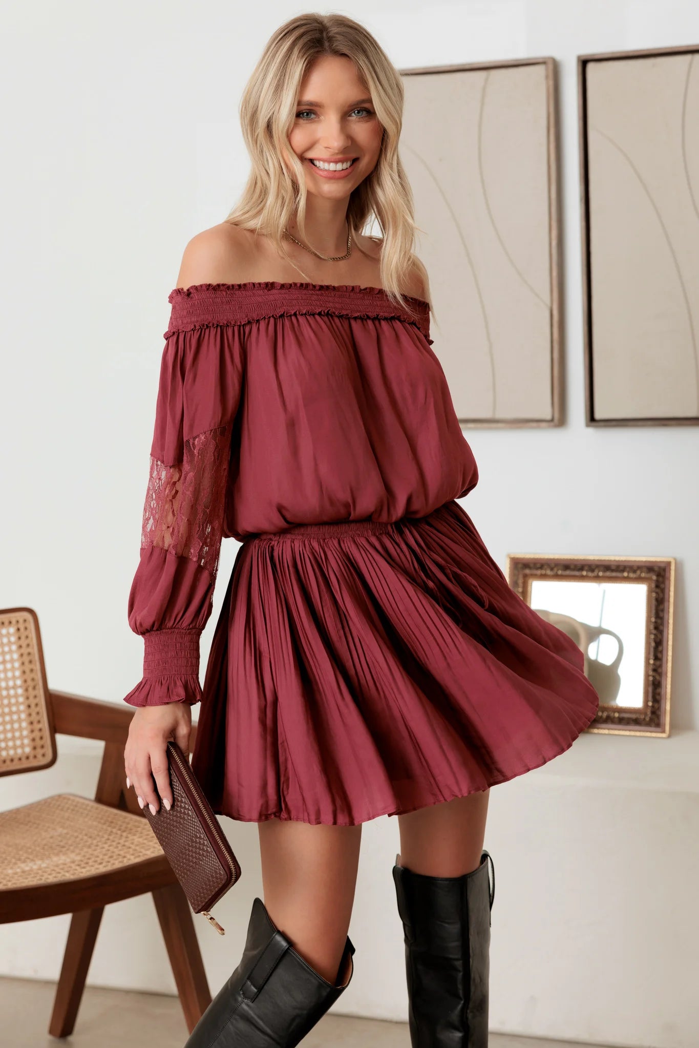 Mini Dresses for a relaxed beach style-Smocked Off-Shoulder Lace Sleeve Mini Dress