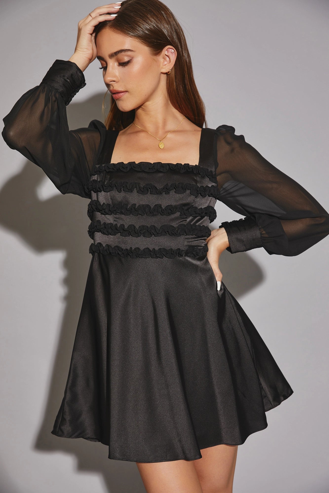 Mini Dresses for a chic getaway-Satin Long Chiffon sleeve Ruffle Mini Dress