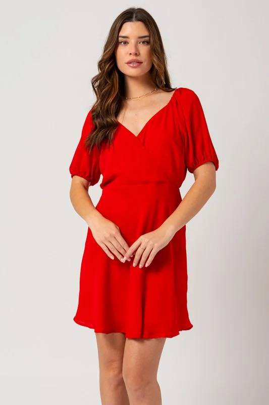 Mini Dresses for wedding guests-Short Puff Sleeve Wrap Mini Dress