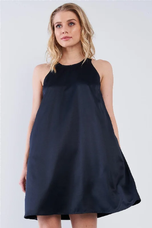 Mini Dresses with chic, timeless designs-Solid Navy Blue Satin Front Cloth Back Sleeveless Loose Fit Mini Dress