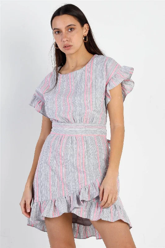 Mini Dresses for chic dinner parties-Striped Ruffle Sleeve Flare Hem Self Tie Mini Dress