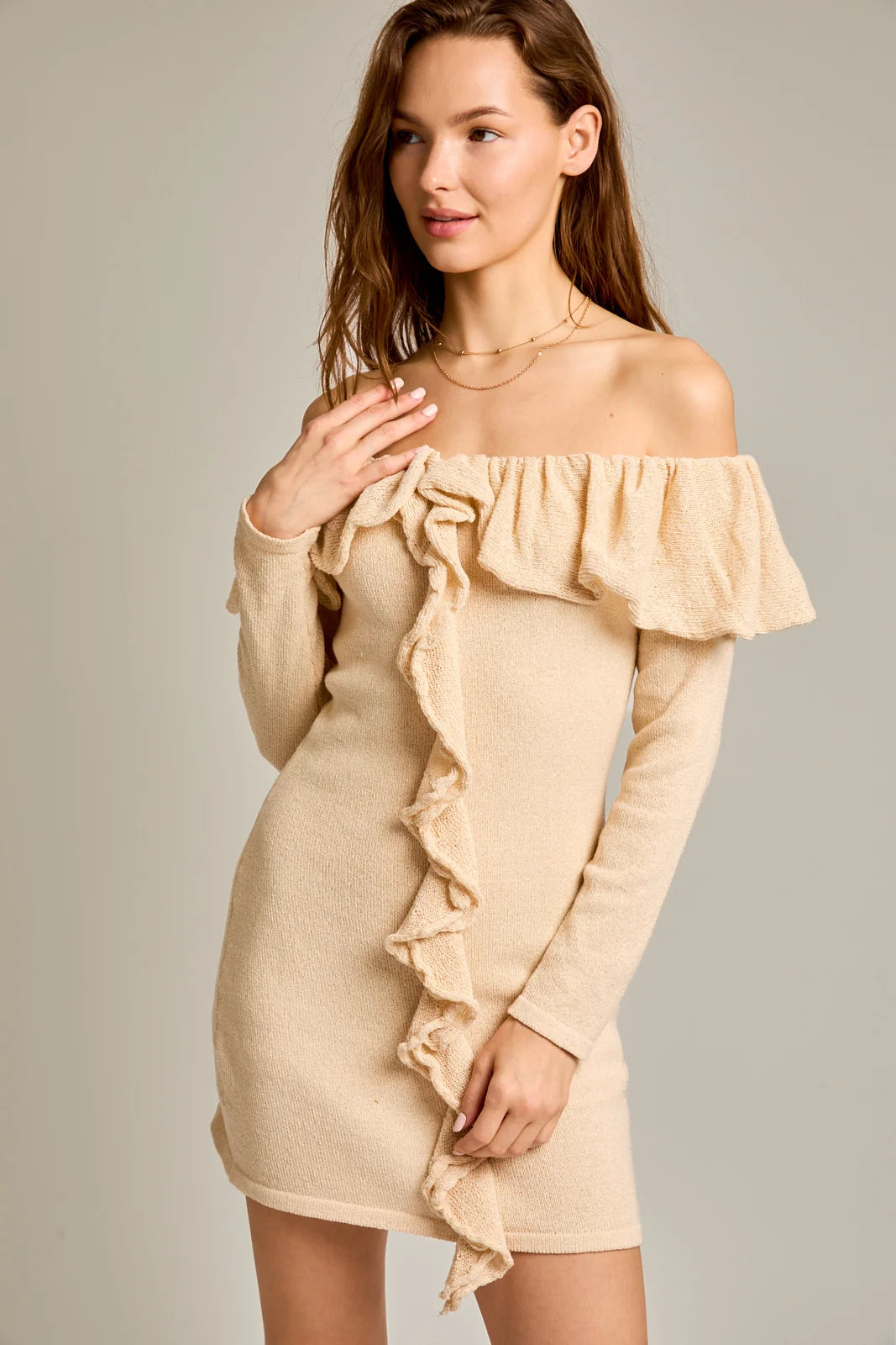 Mini Dresses for evening garden parties-Off The Shoulder Ruffle Long Sleeve Sweater Mini Dress