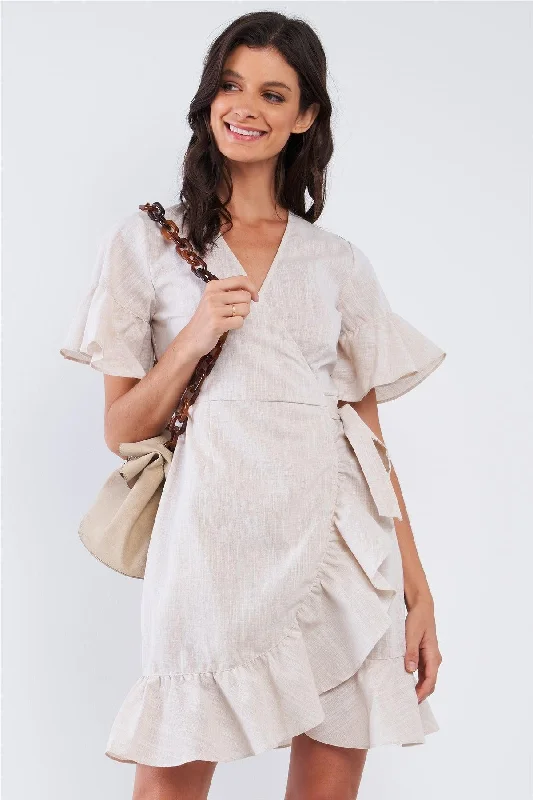 Mini Dresses for laid-back weekends-Tan Beige Deep Plunge V-Neck Ruffle Hem Self-Tie Waist Wrap Mini Dress