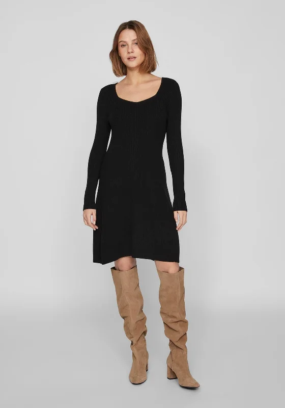 Mini Dresses for cocktail dinners-Vila Maxinia Square Neck Rib Knit Mini Dress, Black