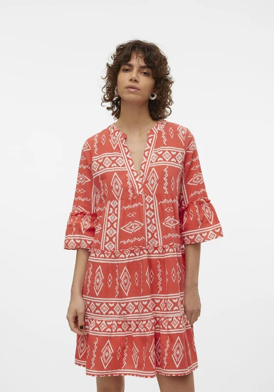 Mini Dresses for cocktail parties-Vero Moda Dicthe Printed Tunic Smock Mini Dress, Cayenne