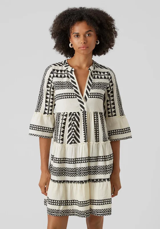 Mini Dresses for a holiday look-Vero Moda Dicthe Printed Tunic Smock Mini Dress, Snow White & Black