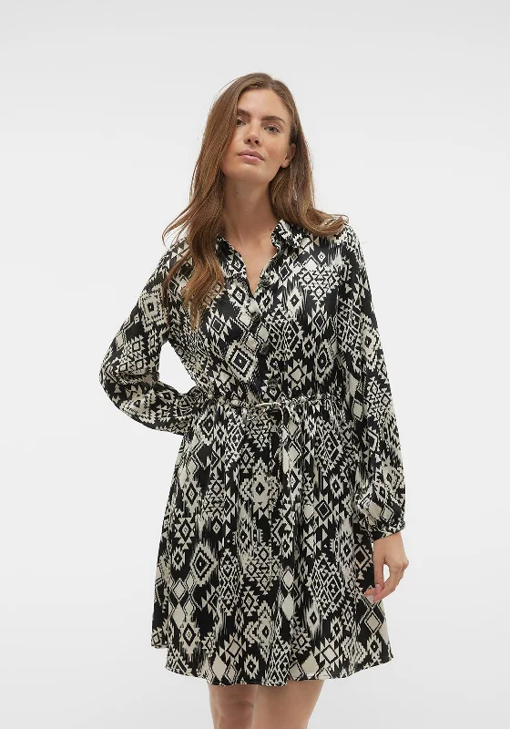 Mini Dresses with striped patterns-Vero Moda Gida Aztec Print Mini Shirt Dress, Black