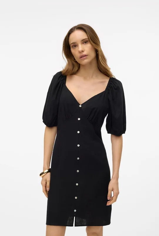 Mini Dresses for a bold statement-Vero Moda Mymilo Linen Blend Button Mini Dress, Black