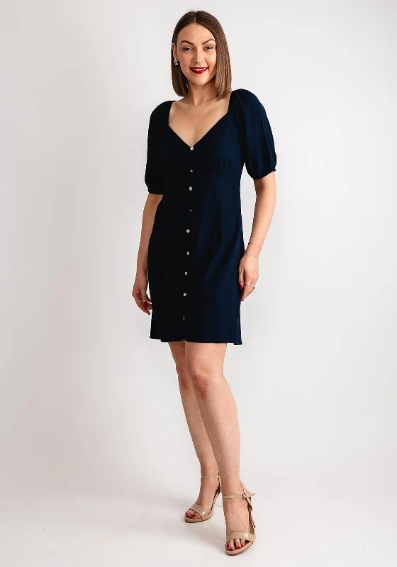 Mini Dresses for the perfect vacation look-Vero Moda Mymilo Linen Blend Button Mini Dress, Navy Blazer