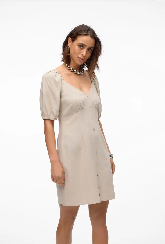 Mini Dresses with floral lace-Vero Moda Mymilo Linen Blend Button Mini Dress, Silver Lining