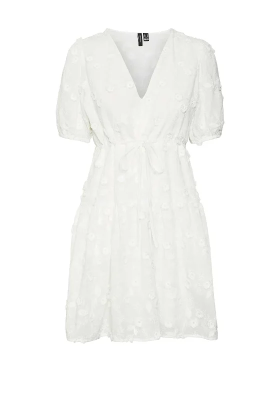 Mini Dresses for elegant luncheons-Vero Moda Puna Embroidered Mini Dress, Snow White