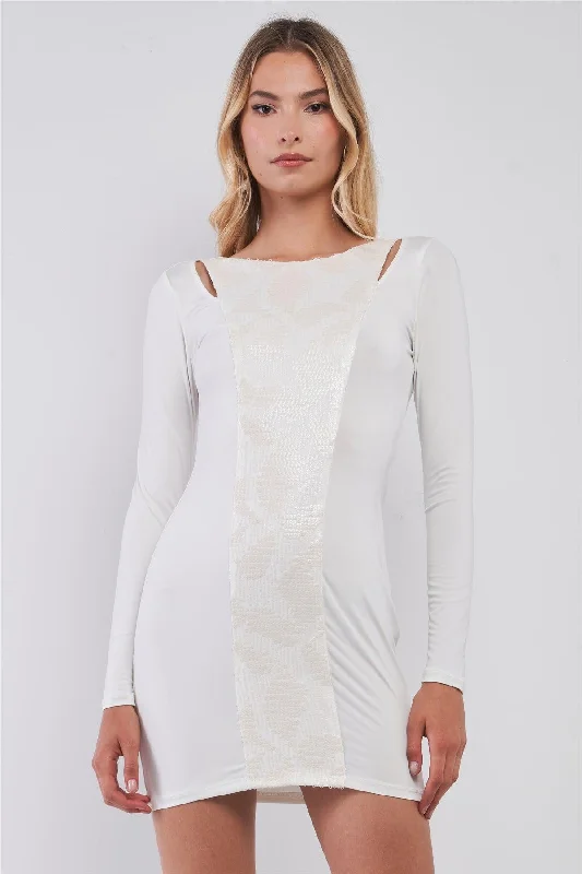 Mini Dresses for relaxed evening style-White Sequined Center Front Detail Long Sleeve Mini Dress /2-2-2