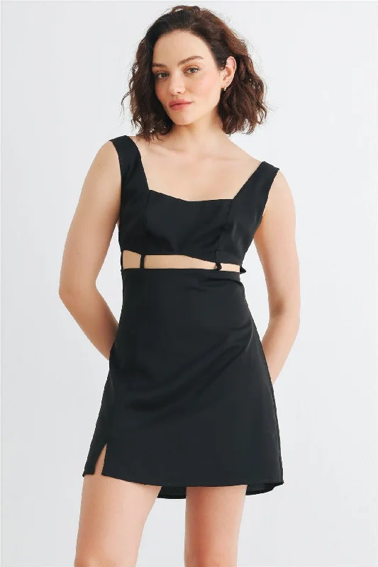 Mini Dresses with timeless, chic designs-Black Sleeveless Cut-Out Detail Square Neck Back Criss-Cross Mini Dress /1-2-2-1