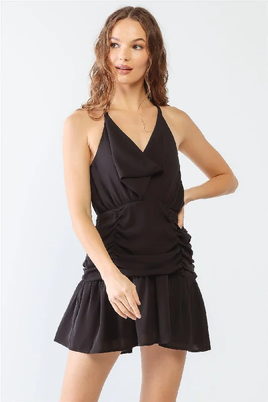 Mini Dresses for elegant evening wear-Black Cowl Neck Ruched Strappy Layered Mini Dress /1-2-2-1